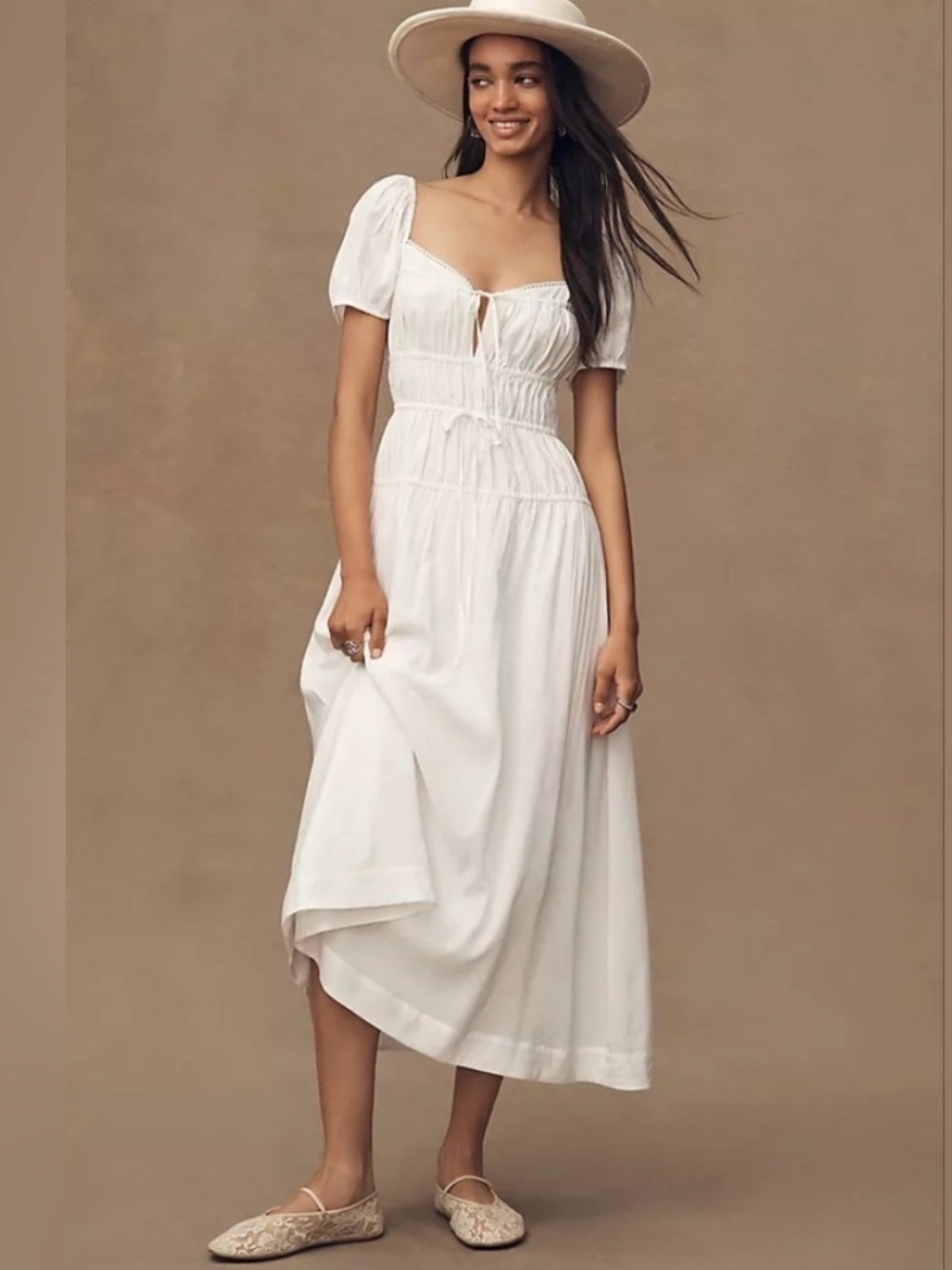 Reformation White Puff-Sleeve Midi Dress